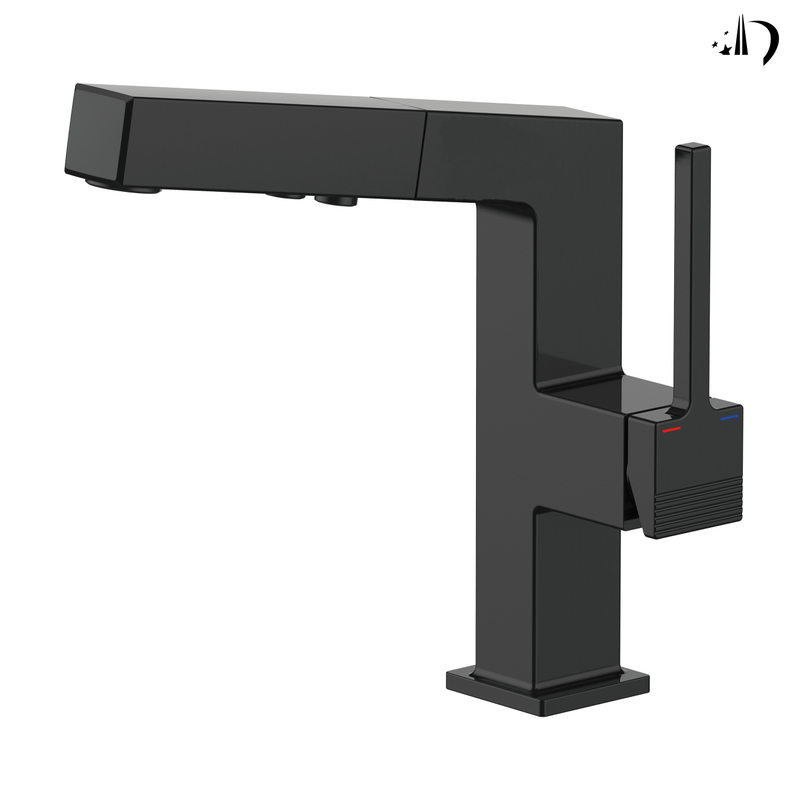 صنبورات الحمام Samliyu للحوض 1 ثقب ، مقبض واحد ينسحب الحمام الحمام صنبور مع 2 وضعين ، 360 ° rotaty مع سحب البخاخ ، أحواض الحمام الحديثة صنبور الأسود BF04006-N1-MB