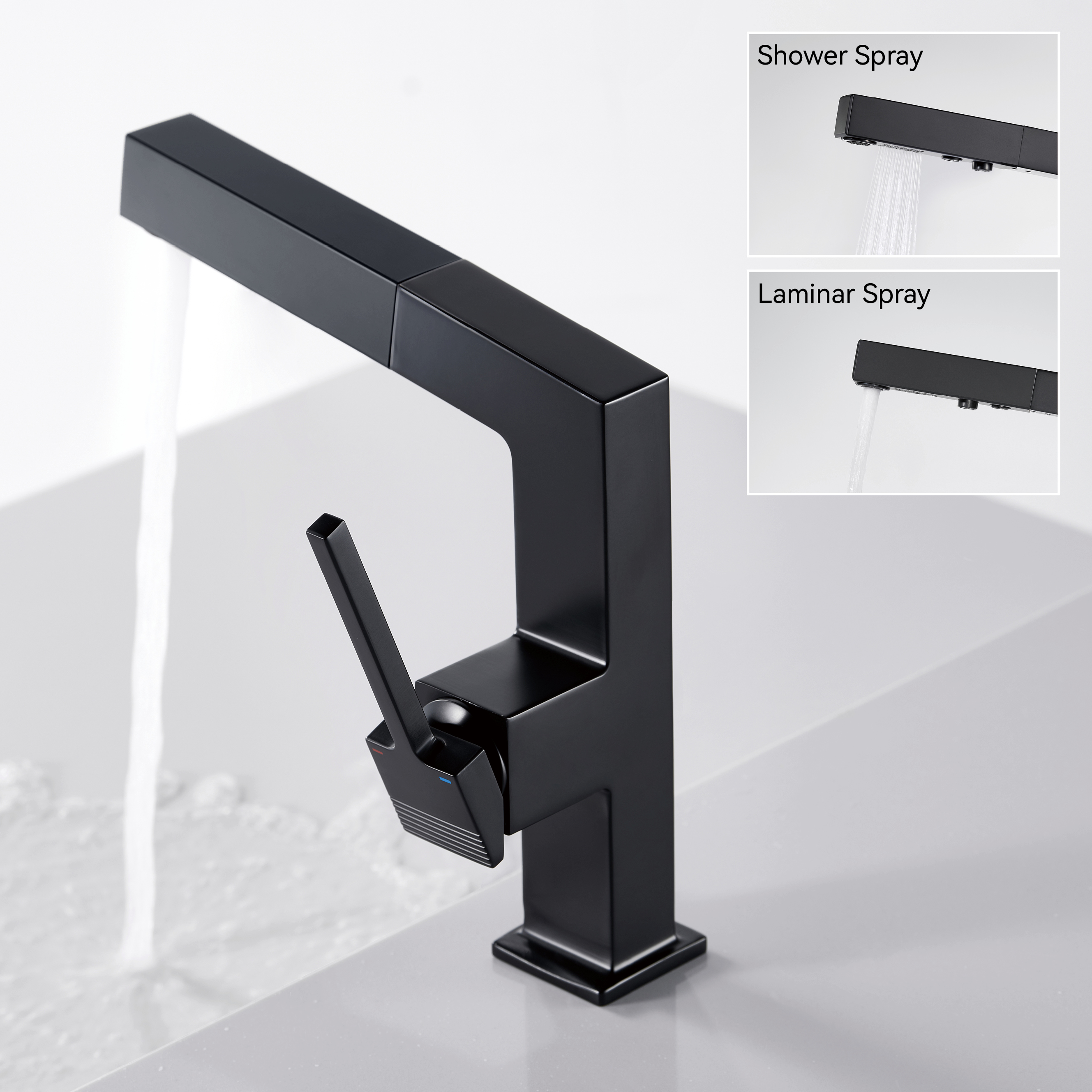صنبورات الحمام Samliyu للحوض 1 ثقب ، مقبض واحد ينسحب الحمام الحمام صنبور مع 2 وضعين ، 360 ° rotaty مع سحب البخاخ ، أحواض الحمام الحديثة صنبور الأسود BF04006-N1-MB