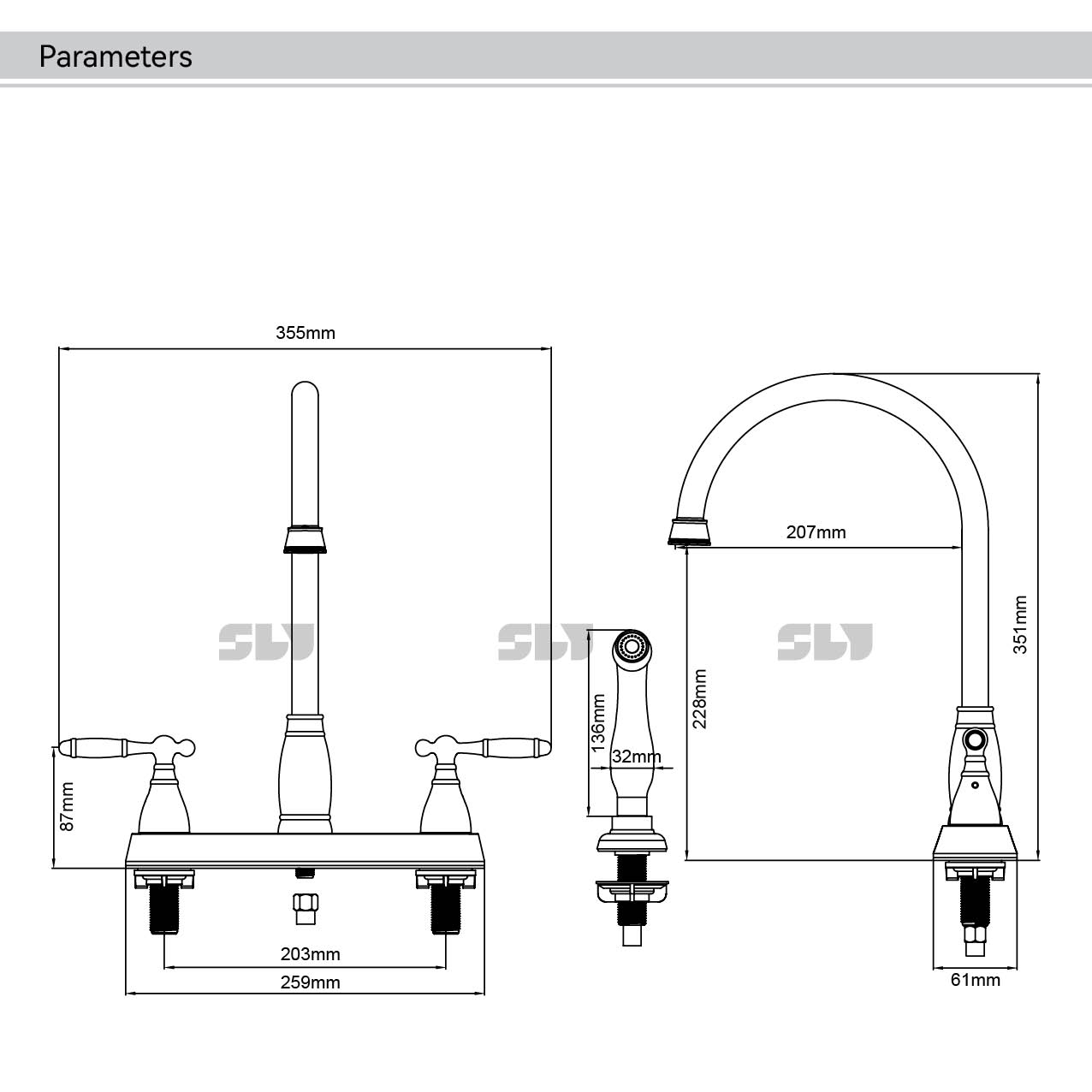 حنفيات مطبخ بفتحتين 2 حنفية وسط بمقبض